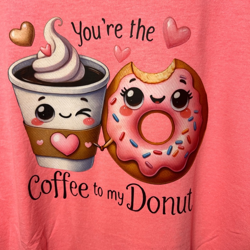Gildan Pink Tee with Coffee and Donut Graphic